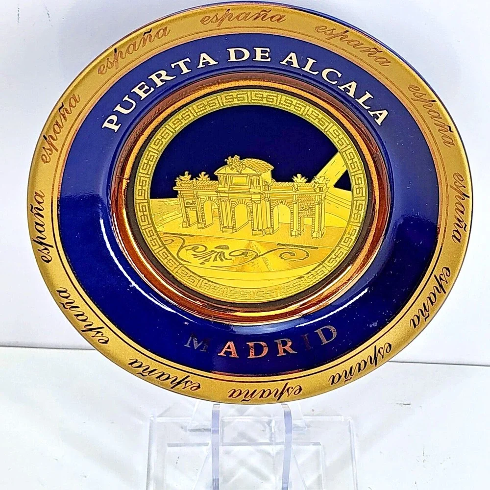 Puerta De Alaca Madrid Spain España 24k Gold Plated Cobalt Blue Souvenir Plate